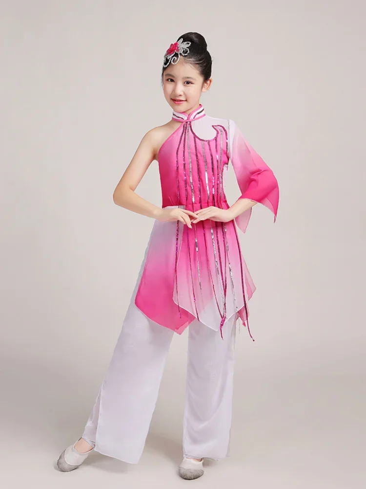 Elegante Fã Roupas de Dança das crianças Traje Chinês Antigo Guarda-chuva Dança New Yangko Hanfu Vestuário Stage Performance