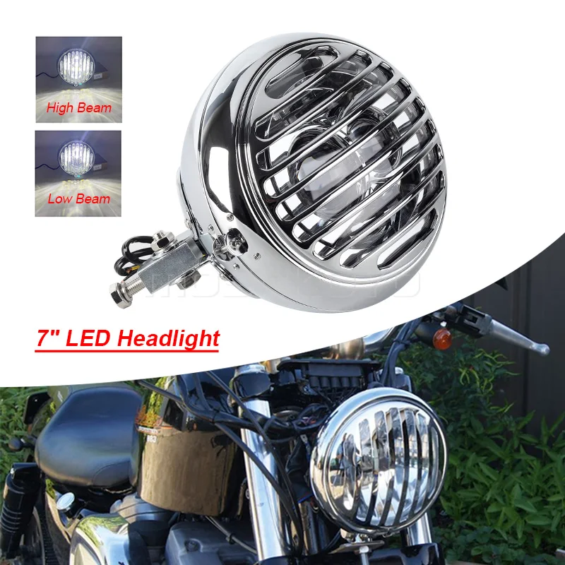 

7" Motorcycle LED Bottom Mount Headlamp Grill Headlight For Harley Dyna Street Bob Custom Cafe Racer Bobber Chopper Projector