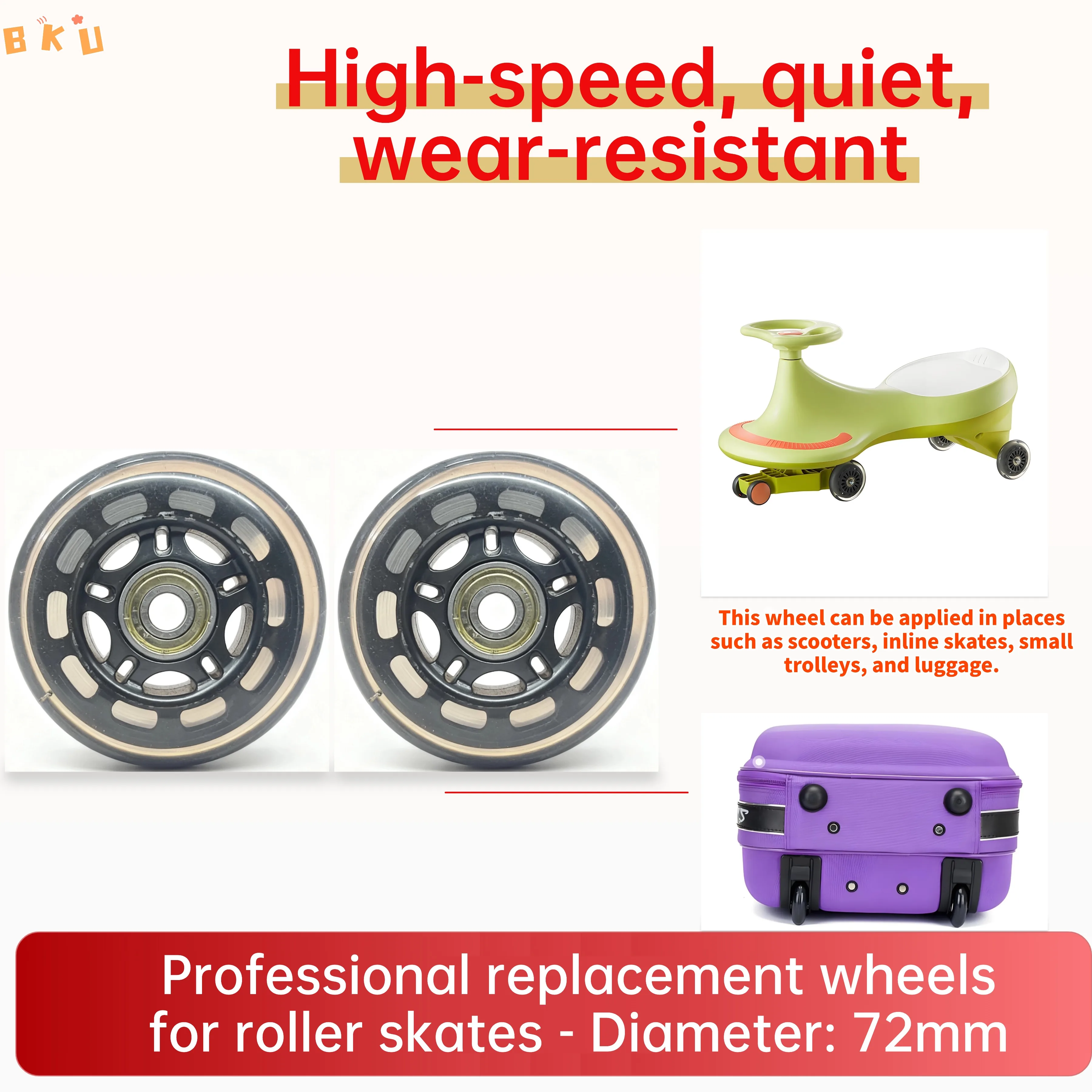 2 stuks 72 mm PU-wielen, hoge snelheid, stille slijtvaste vervangingswielen voor scooters, inline skates, trolleys, bagage