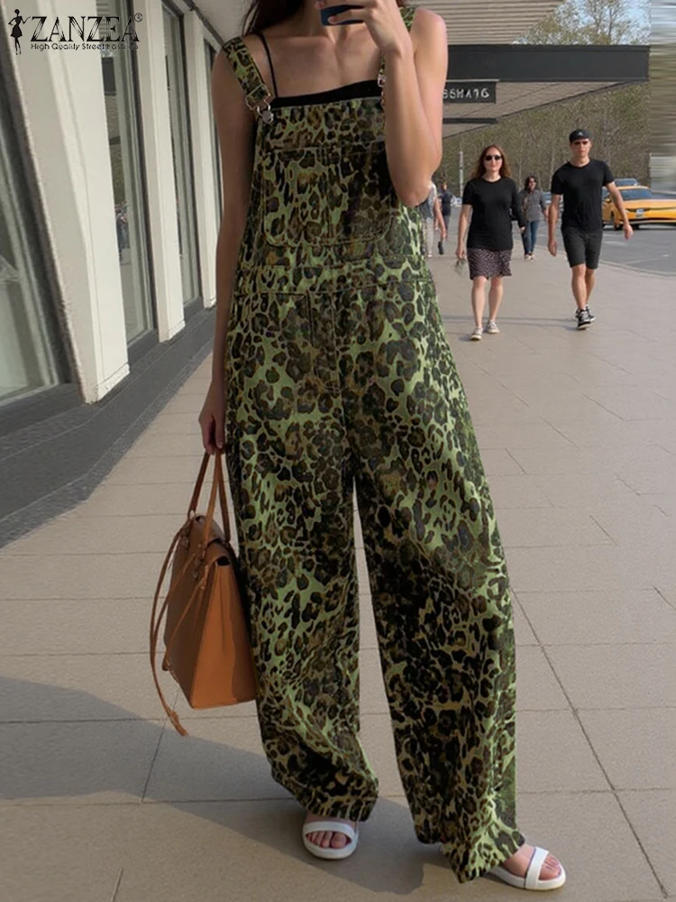 

ZANZEA Leopard Print Jumpsuits 2025 Summer Overalls Women Casual Pockets Fashion Wide Leg Pants Loose Streetwear Long Rompers