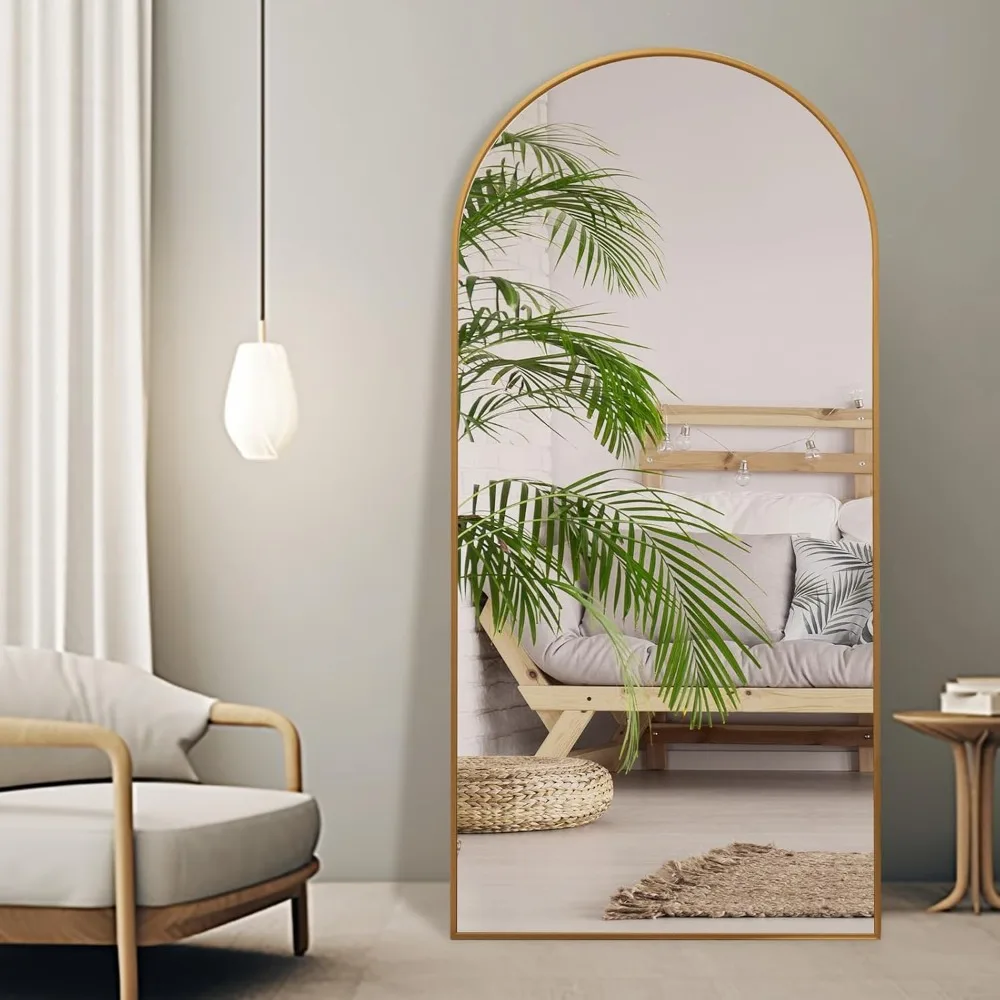 Specchio ad arco a figura intera, specchio da pavimento oversize 71x32 con supporto, specchio dorato a figura intera, specchi da toeletta per tutto il corpo in alluminio