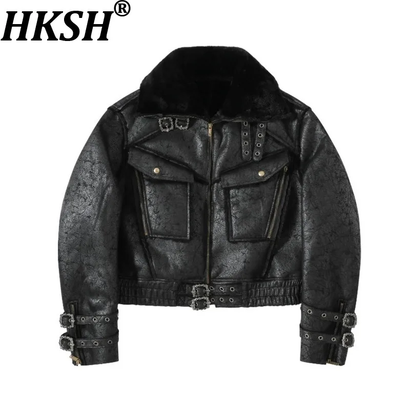 

HKSH осень-зима новая мужская кожаная куртка на шнуровке с меховым охотничьим воротником авангардные готические панк стеганые пальто шикарные HK17705