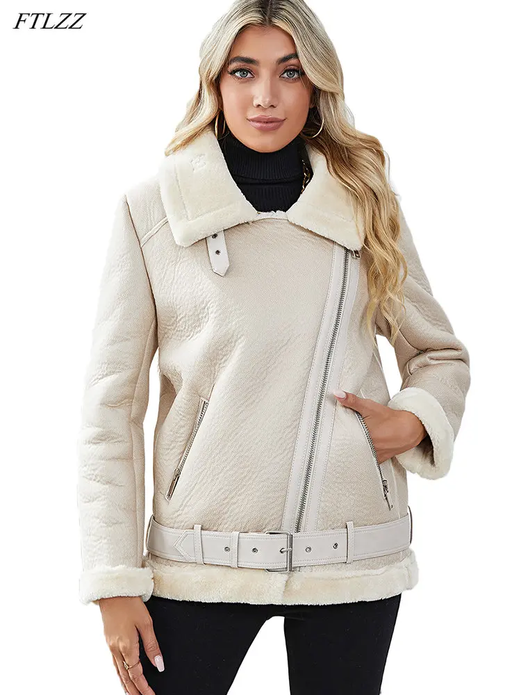 FTLZZ Autumn Winter Women Moto Biker Faux Sheepskin Fur Jacket with Belt Turn Down Collar Zipper Thick Warm Female Coat Outwear