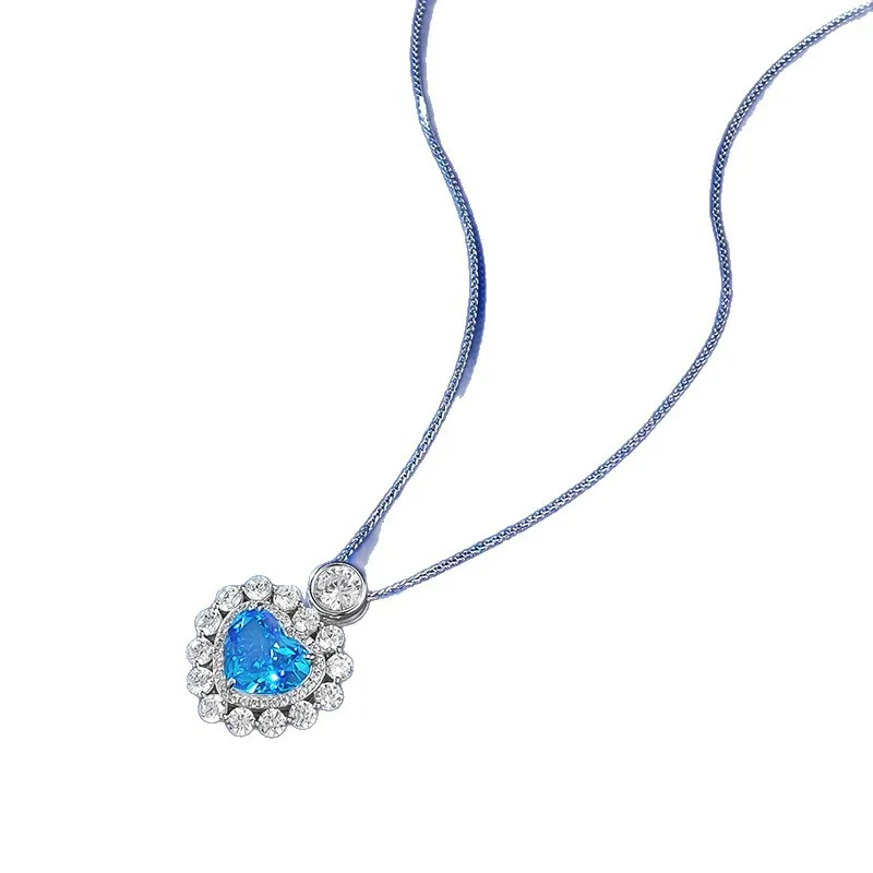 Xiaoyan 100% S925 Silver Serenity Heart Artificial Sea Blue Treasure Love Pendant 9 * 11 Ice Flower Necklace Exquisite Jewelry