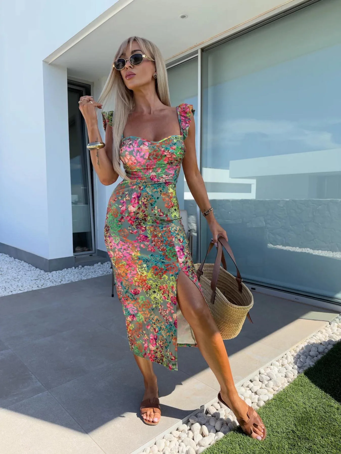 Nieuwe Europese en Amerikaanse zomer elegant ontwerp Franse bloem jarretel split midi-lengte damesjurk