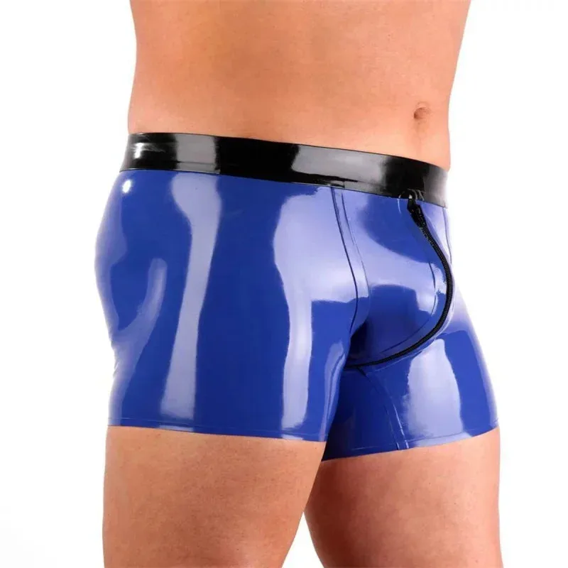 

Latex Sexy Men Underwear Front Zipper Rubber Panties Underpants Fetish Male Panties Short Dark Blue Boxer Underwear