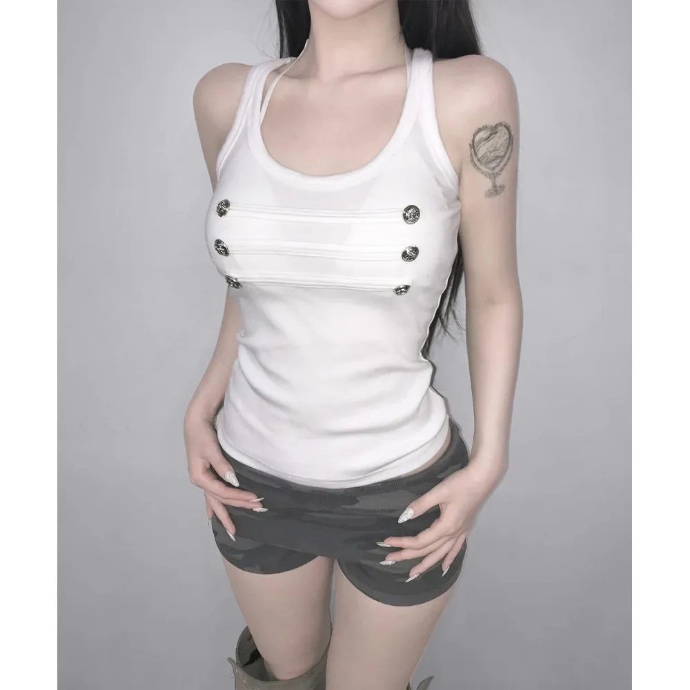 Women Sleeveless U Neck Tank Top Fitted Cropped Vest Front Multi Row Button Decor Street Style Daily Party Casual Wear