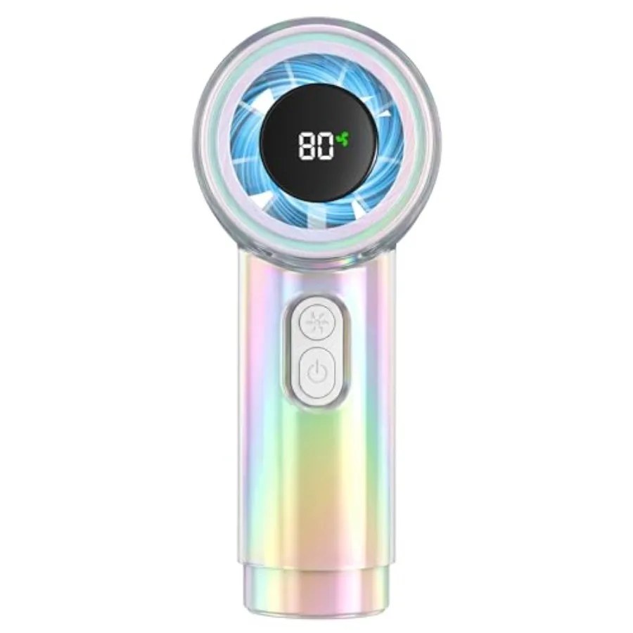 

Portable handheld fan for beach travel and outdoor use, ABS plastic body in rainbow color, 12-hour battery life and 15000RPM tu