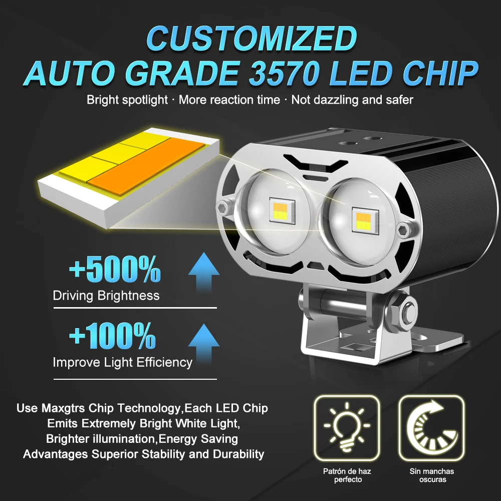 MAXGTRS DRL Motorcycle Led Strobe Spotlight Electric Vehicle Auxiliary Road Low/High Light HeadLight Driving Lens DC12-85V
