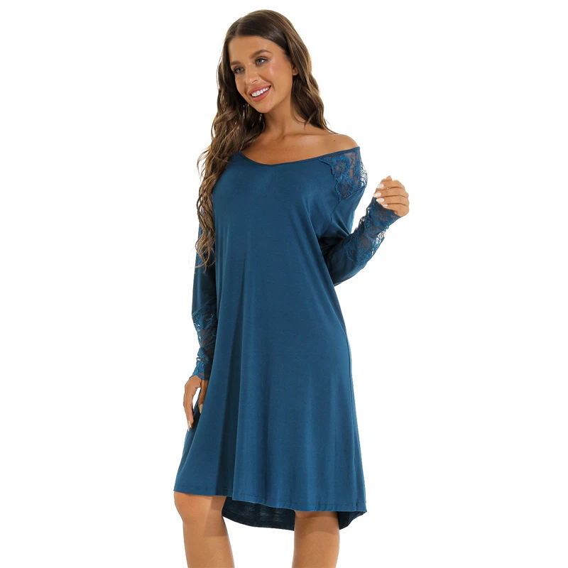 Women Soft Modal Cotton Sleepwear Sexy Lace Patchwork Cuffs Long-sleeved Nightgown Nightdress Loose Casual Solid Home Clothes