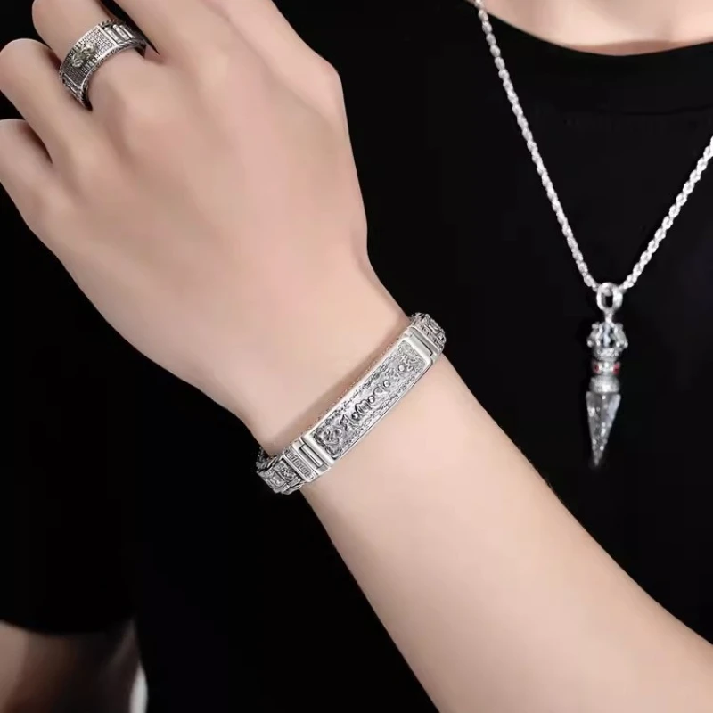 Gazing Jewelry Six-Syllable Mantra Buddhist Scripture Bracelet - Men's Jewelry, Rotating Cylinder Retro Thai-Style Silver Chain