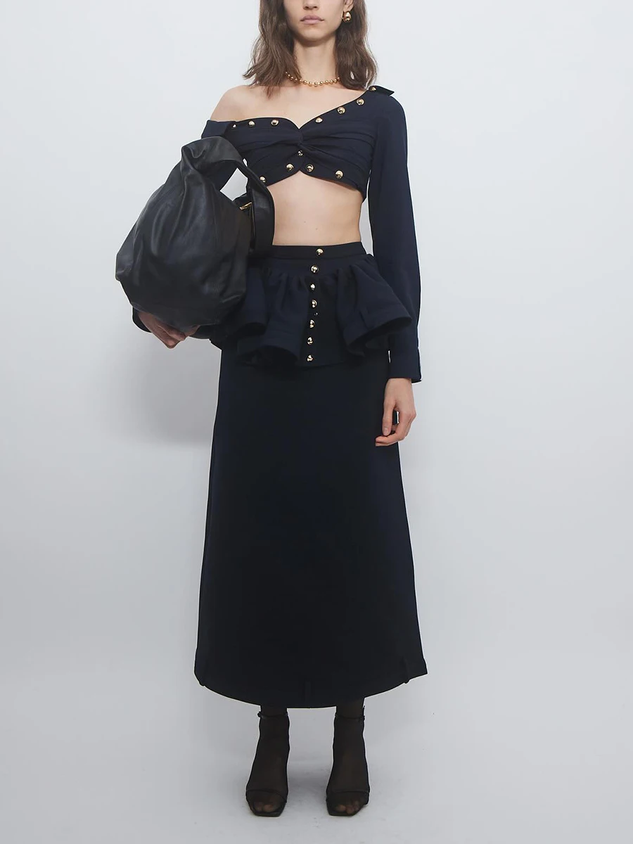 

Дизайнерская юбка с оборками Рубашка с гофрированными рукавами Комплект из двух предметов Женский летний укороченный топ Юбка Комплекты Леди Элегантный вечерний длинный костюм