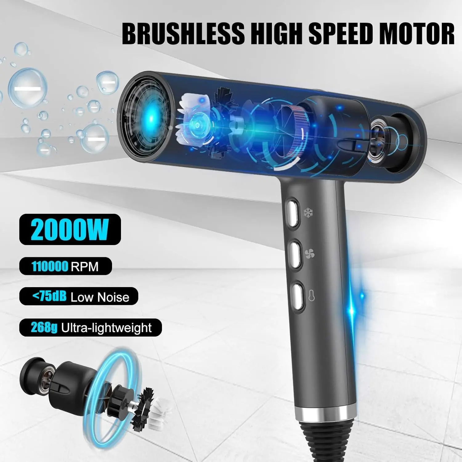 Brushless Hair Dryer Unique Intelligent Fault Diagnosis Innovative Microfilter Oxy Active Technology Led Display Grey