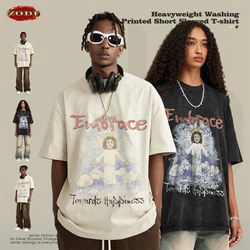 ZODF New Men Summer Angel Printing T-Shirts Unisex Retro Hip Hop Washed 270gsm Cotton T Shirt Brand Clothes HY0860