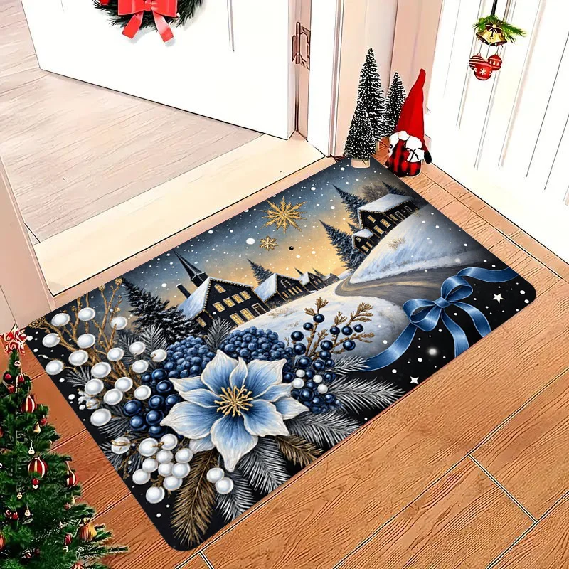 Merry Christmas Candy Cane Door Mat Winter Snow Scene Print Non-Slip Front Entrance Home Floor Rug