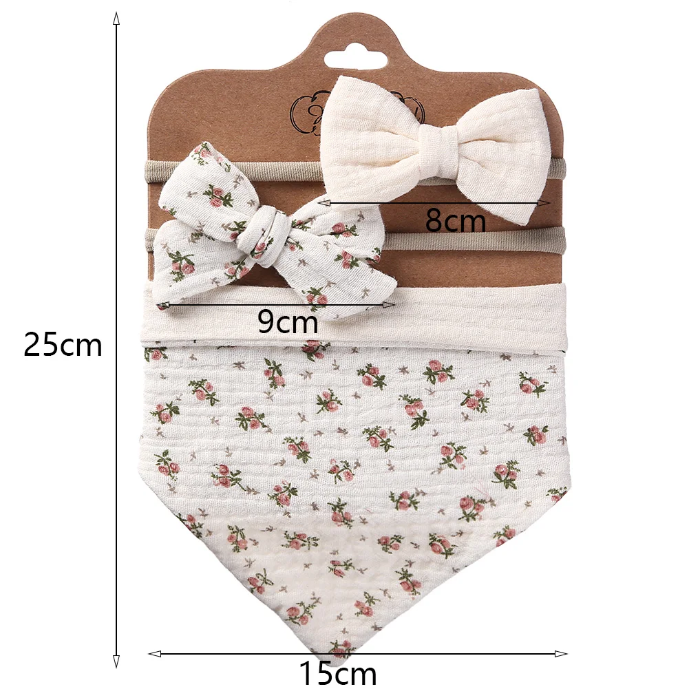 3Pcs/Set Muslin Cotton Baby Bib Bow Headband Adjustable Button Triangle Saliva Towel Print Infant Boy Girl Feeding Burp Cloth