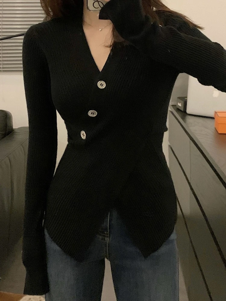 Women's Sweater Pullovers Spring and Autumn Solid Color Long Sleeve Slim-fit Split Hem Pullover Knitwear Base Layer Top