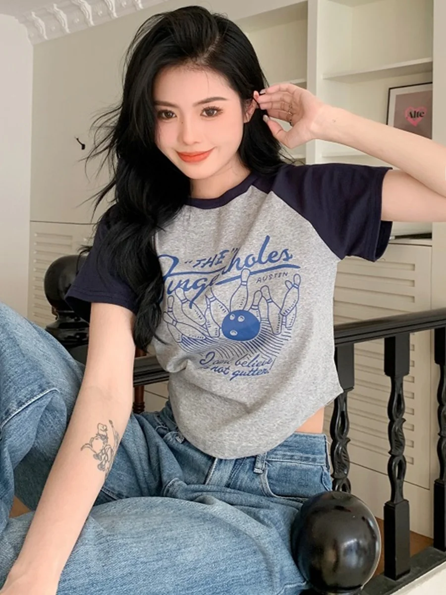 Retro American Print ort Sve T-Shirt Damen Sommer Neue Farbe Blo Reine Baumwolle rund Ne Slim Fit Sexy ort Top Trendy