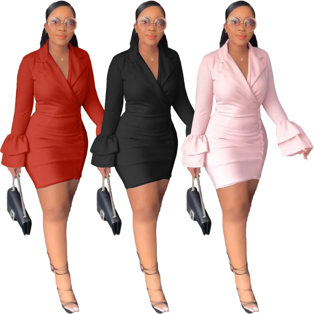 

Europe and America Autumn and Winter Women's New Style Casual Lotus Cuff Suit Collar Fashion Dress Women dress sexy dress