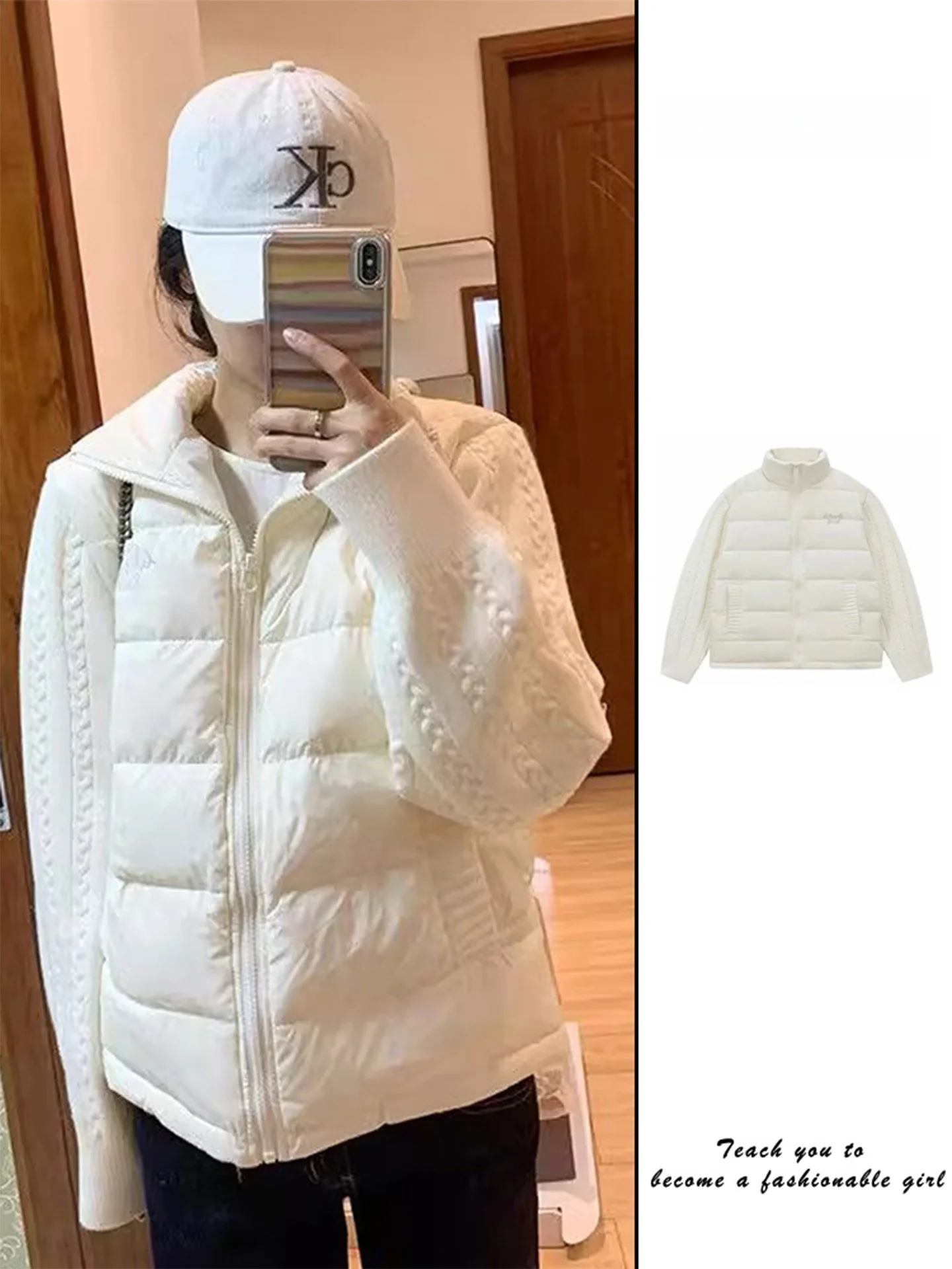 Lightweight Knitted Sleeve Patchwork down Cotton Jacket Women's Fashionable Winter Coat Korean Style Loose Fit Long Sleeve