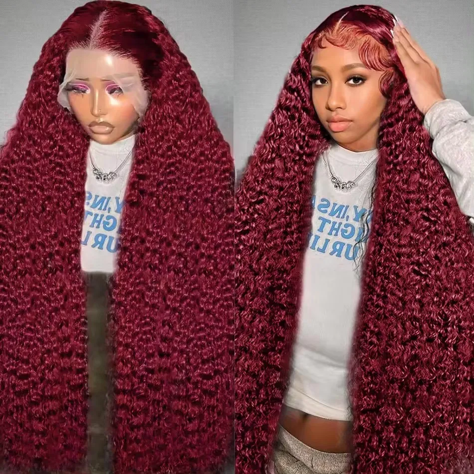 200% Density 99J Burgundy Water Curly 13x4 Lace Frontal Wig Transparent Lace Front Red Colored Deep Wave Human Hair Wigs 26 Inch