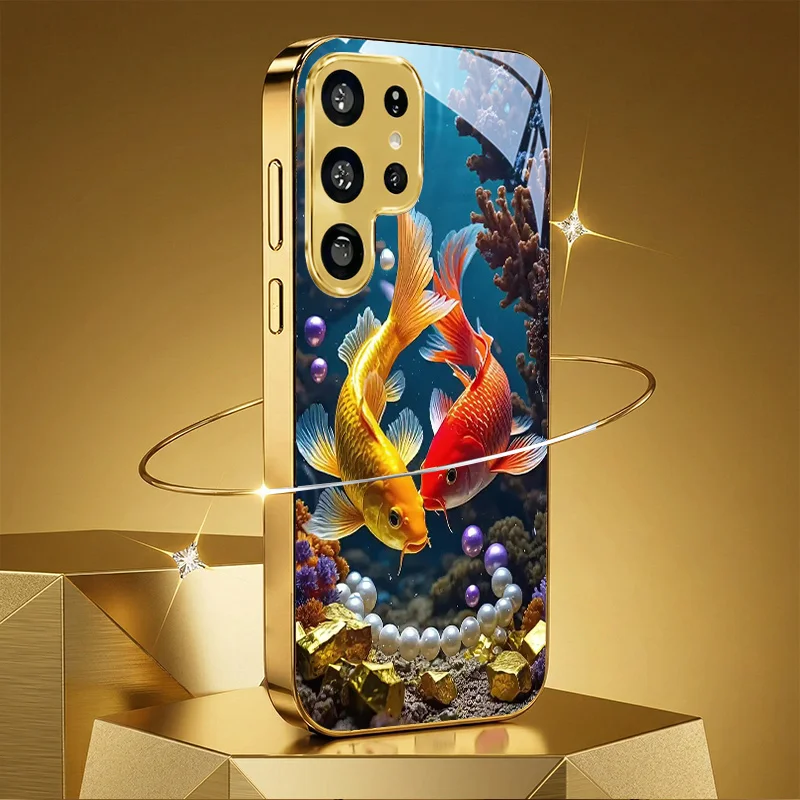 Red Gold Koi Fish Print Pattern Electroplated Glass Phone Case for Samsung Galaxy S26/22/23/24/25 PLUS/S21/22/23/24 ULTRA