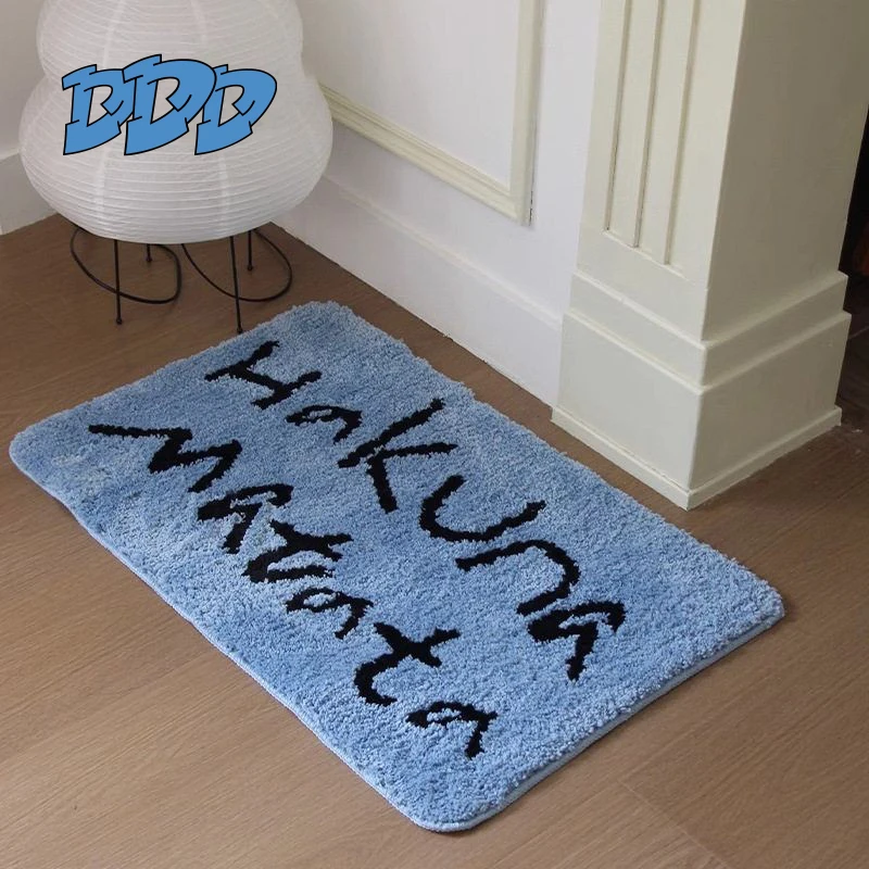 Blue Shaggy Carpet with Letter Design for Bedroom And Bathroom Absorbent Foot Mat American Style Minimalist Easy to Clean