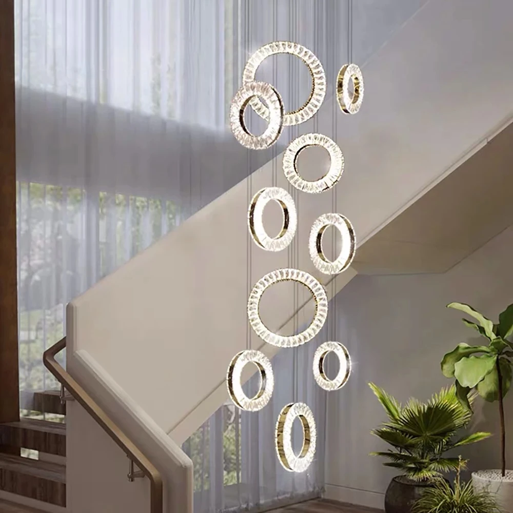 

Luxury Crystal LED Chandelier For Staircase Gold/Silver Home Indoor Light Fixtures Long Creative Rings Dining Room Kitchen Lamps