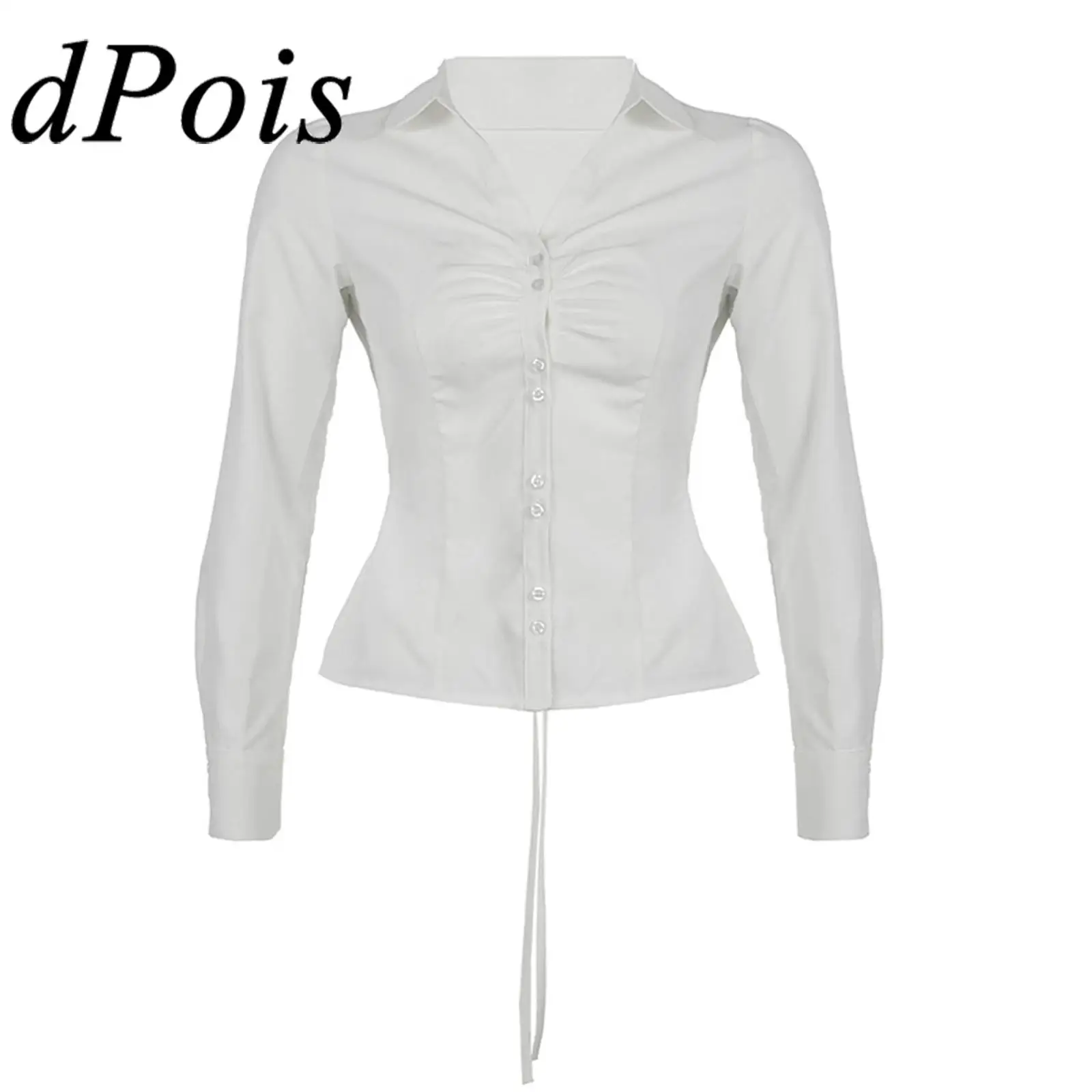 OL Lady เสื้อผู้หญิงแขนยาว V คอปุ่มลง Ruched ผูกสายรัดเสื้อเสื้อ Tops Office Femme Workwear