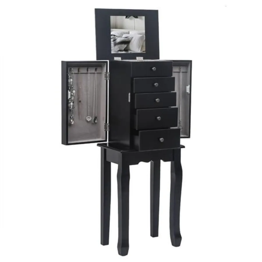 

Standing Jewelry Armoire with Mirror 5 Drawers 6 Necklace Hooks Jewelry Cabinet Chest with Top Storage Organizer 2 Side Swing D