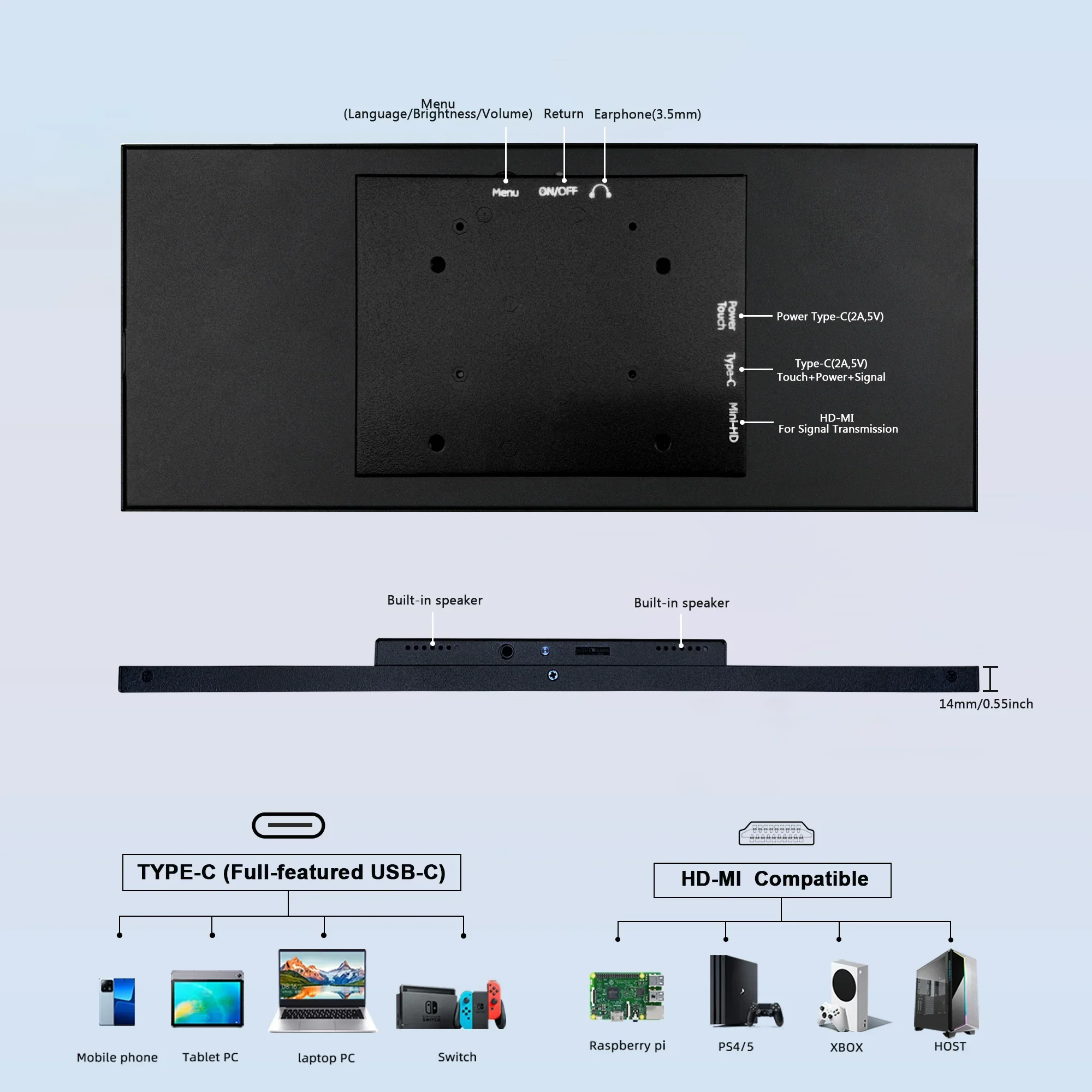 شاشة محمولة 12.3 بوصة HDMI USB-C 1920x720 شريط ممتد LCD شاشة ثانوية صغيرة تعمل باللمس لأجهزة الكمبيوتر المحمول Raspberry Pi