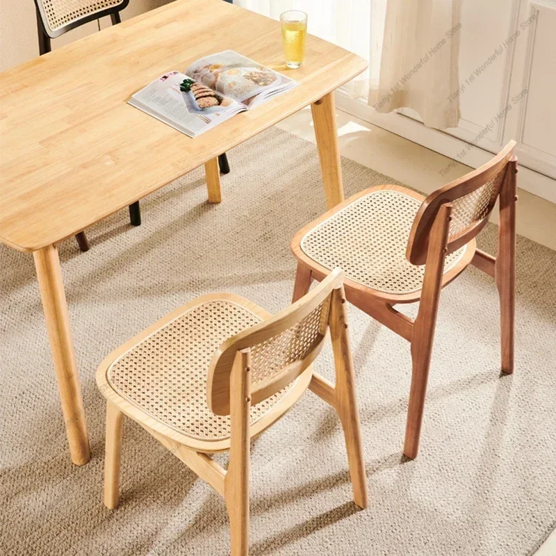 Nordic Simple Japanese Style Dining Chair Solid Wood Rattan Home Casual Rattan Chair Cafe Homestayback Sillas Furniture