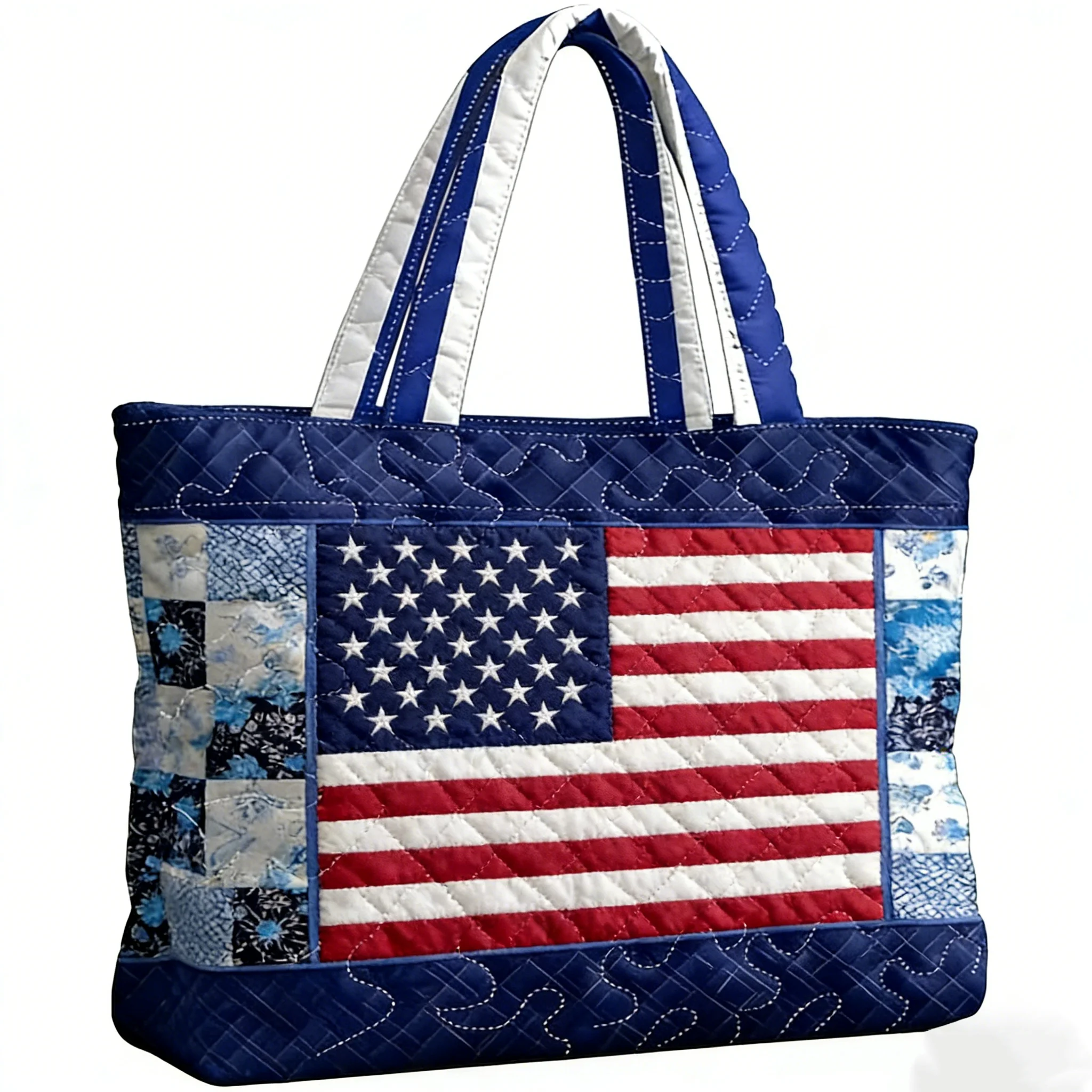 Flag Print Quilted Tote Patchwork Shoulder Bag Women Daily Handbag For Fashion Shopping Statue of Liberty