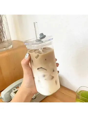 1pcs Square Heat Resistant Coffee Glass Cup With Lid and Straw Transparent Milk Tea Juice Cups Coffee Mug For Home Bar Drinkware