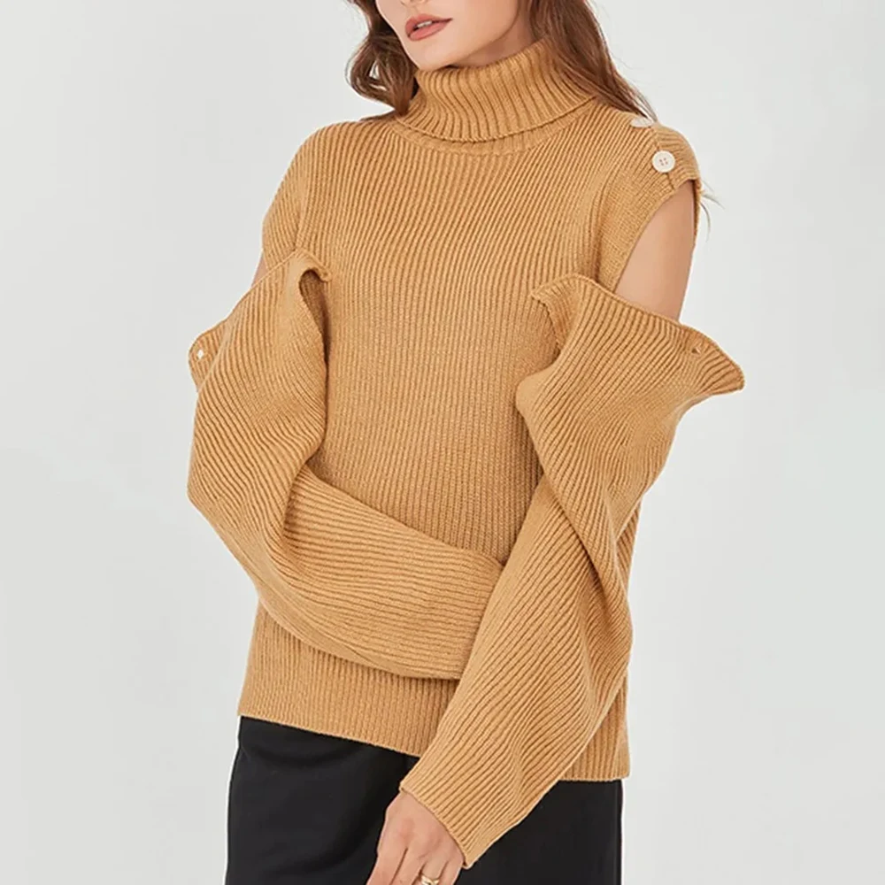 TWOTWINSTYLE Solid Knitting Sweater For Women Turtleneck Long Sleeve Spliced Buttons Hollow Out Pullover Sweaters Female Fashion