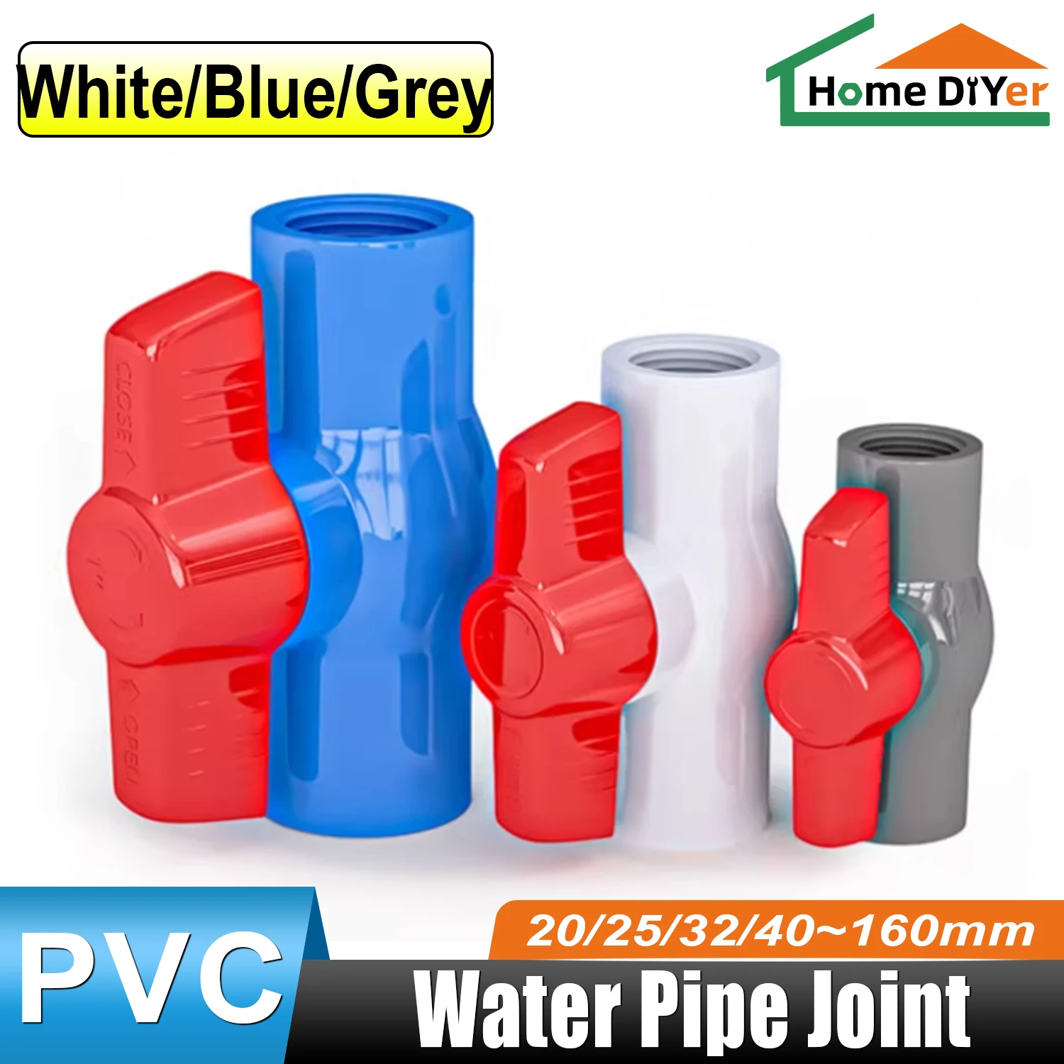

20-110mm Threaded and Socket-Type PVC Ball Valve, Gardening Irrigation Accessories, On/Off Ball Valve, White/Blue/Gray