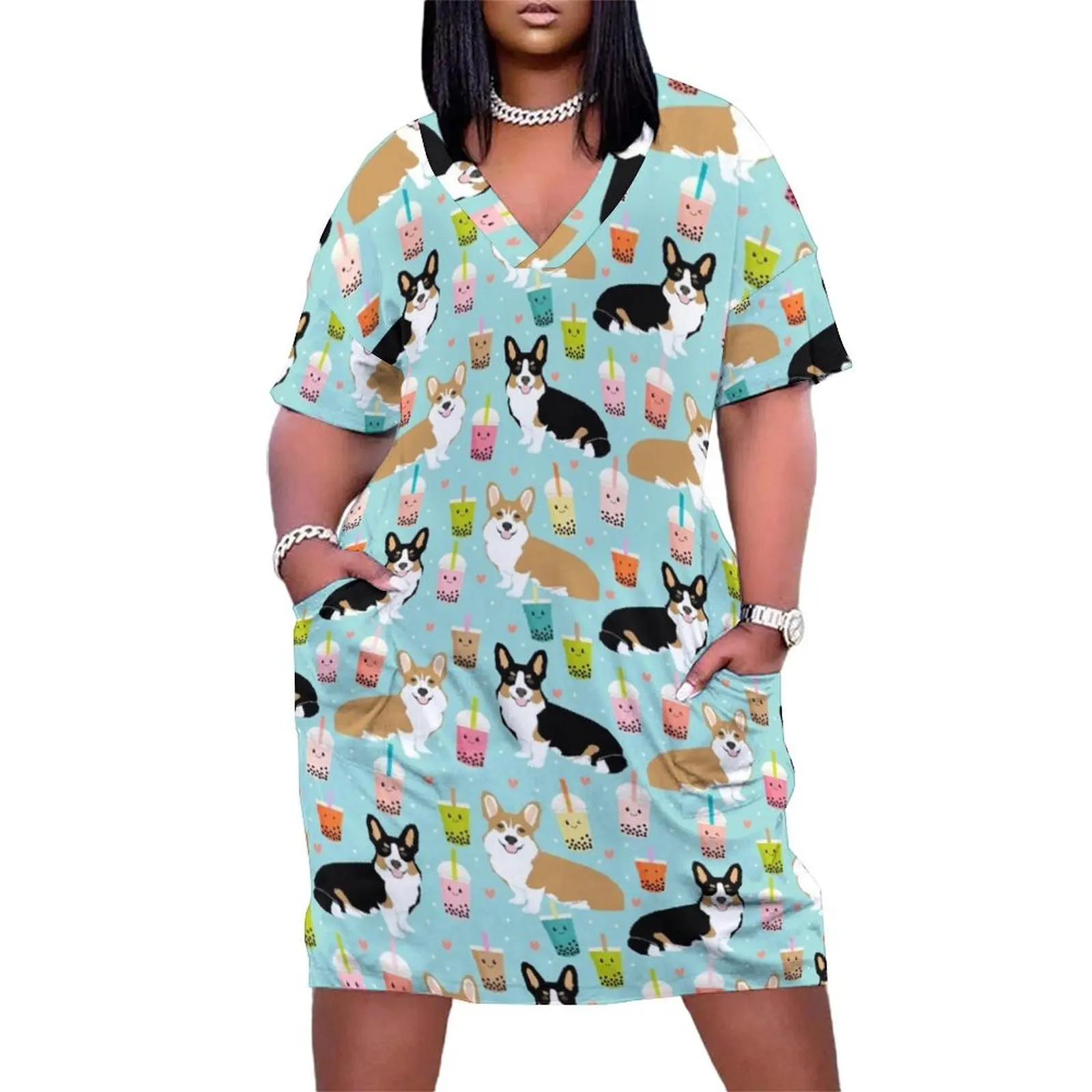 Corgi welsh corgi bubble tea boba dog dogs dog breed dog pattern pet friendly Loose Pocket Dress women's summer jumpsuit