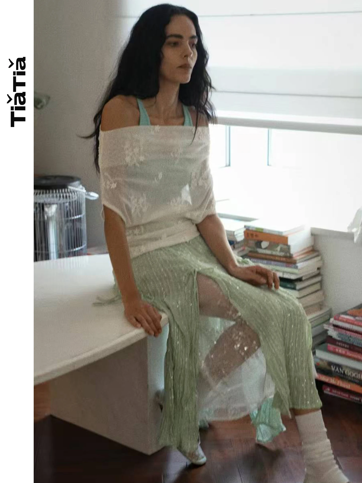 TiaTia26 Spring Summer New Mint Shiny Split Half Skirt Women's mid Waist H-Shape Straight Cut Polyester Acetate Nylon Blend