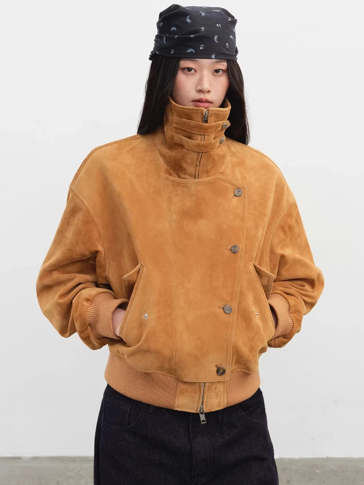

Vintage Short Genuine Leather Motorcycle Jacket for Women High-end Simple Double Layered Collar Design Real Sheepskin Suede Coat