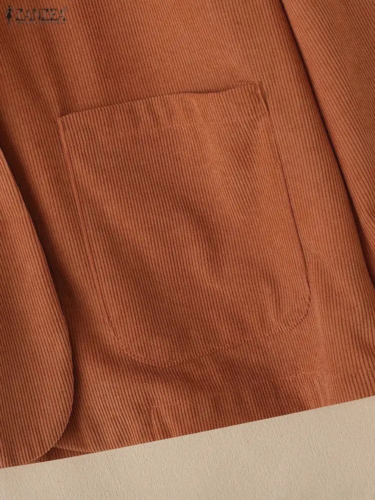 Feminino fw 2025 veludo casual blazer elegante entalhado lapela manga longa bolsos remendo botão acima terno jaquetas zanzea deslocamento