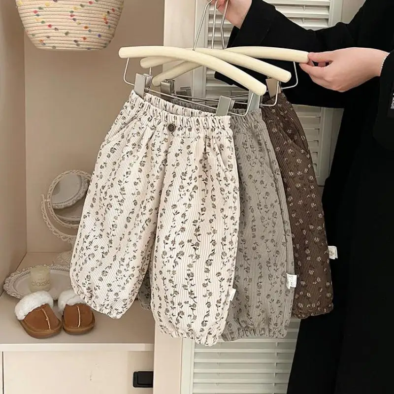 

2025 Winter New Baby Girl Floral Fleece Trousers Kids Girl Warm Casual Pants Infant Cotton Harem Pants Fashion Children Clothes