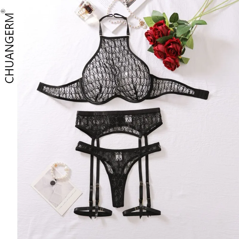 CHUANGERM Gather Female Underwear for Women Embroidery Lace Bra Net Women\'s Clothing Set Secret Four Four Sets  Lingerie Sexy