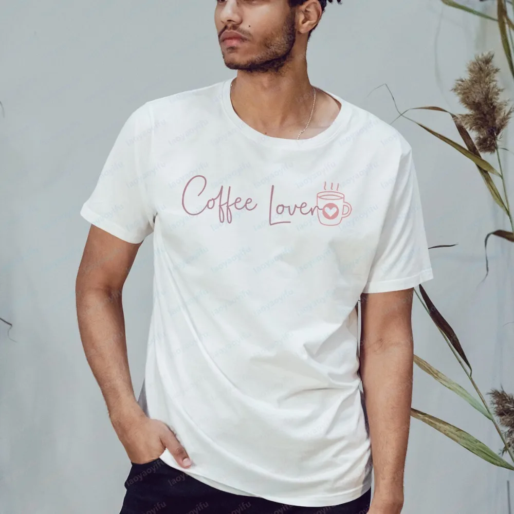Coffee Lover Graphic Design Coffee Cup Heart Outline Text T-Shirt Graphic T Shirts Vintage T Shirt Harajuku Men Clothing Tops
