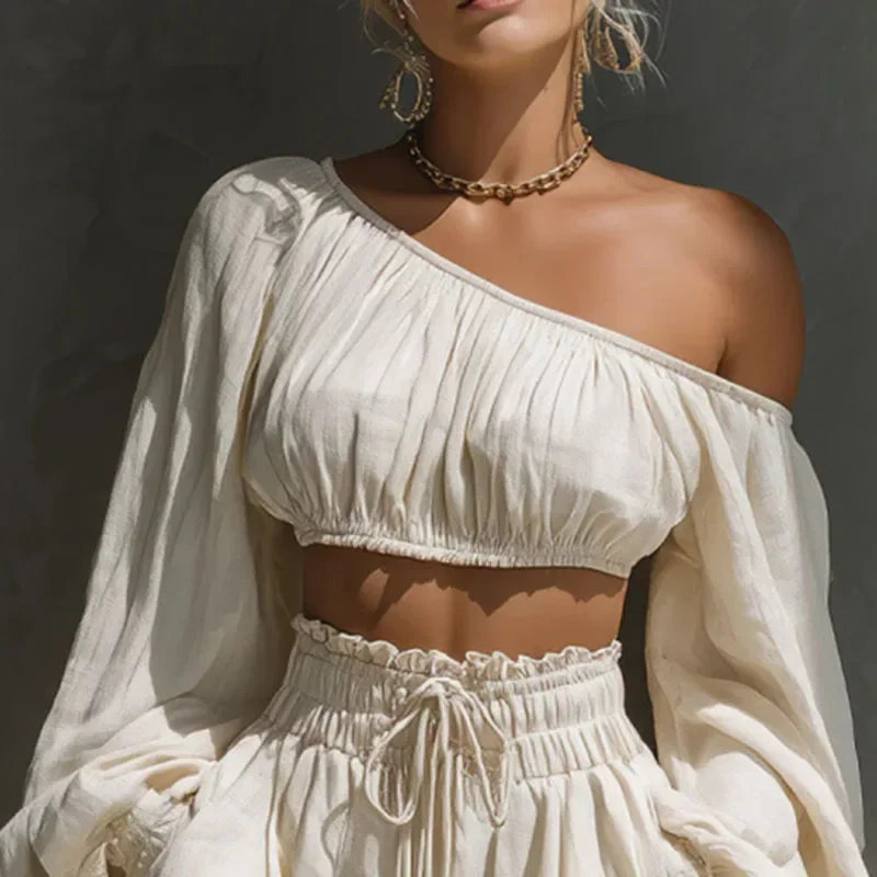 Greenora Women Solid One Shoulder 2 Piece Sets Puff Sleeve Ruffle Crop Tops & Drawstring Shorts Suit Summer Casual Vacation Beac