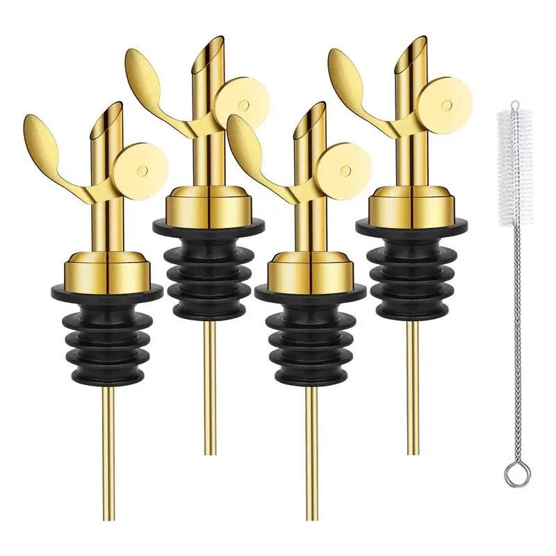 ABUN 4 Pcs Stainless Steel Bottle Pourers Self Closing Auto Flip Olive Oil Dispenser Spout for Liquor Bar Kitchen Gold