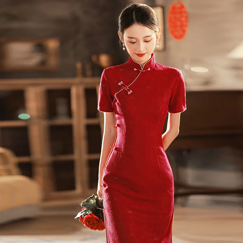 

Элегантное красное свадебное платье для мамы, улучшенная версия, высококачественное шелковое, с коротким рукавом, в ретро-стиле, для молодых женщин.