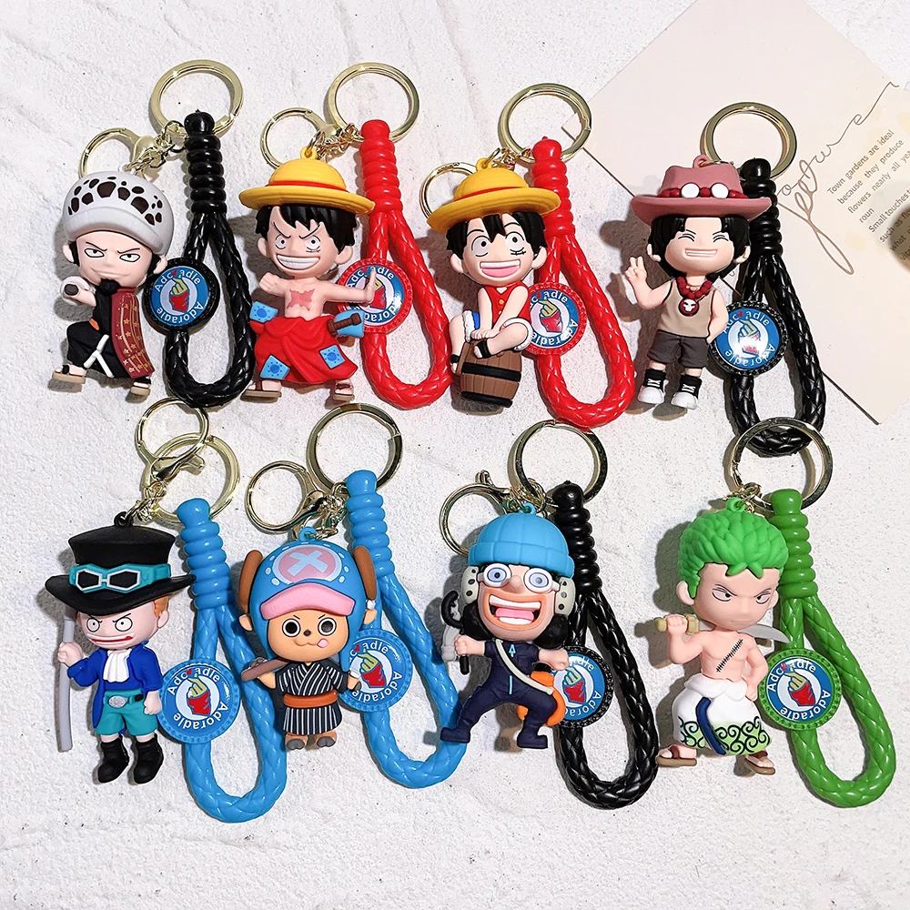 1/8Pcs One Piece Braided Wrist Strap 3D Silicone Keychain Set Luffy Ace Law Zor…