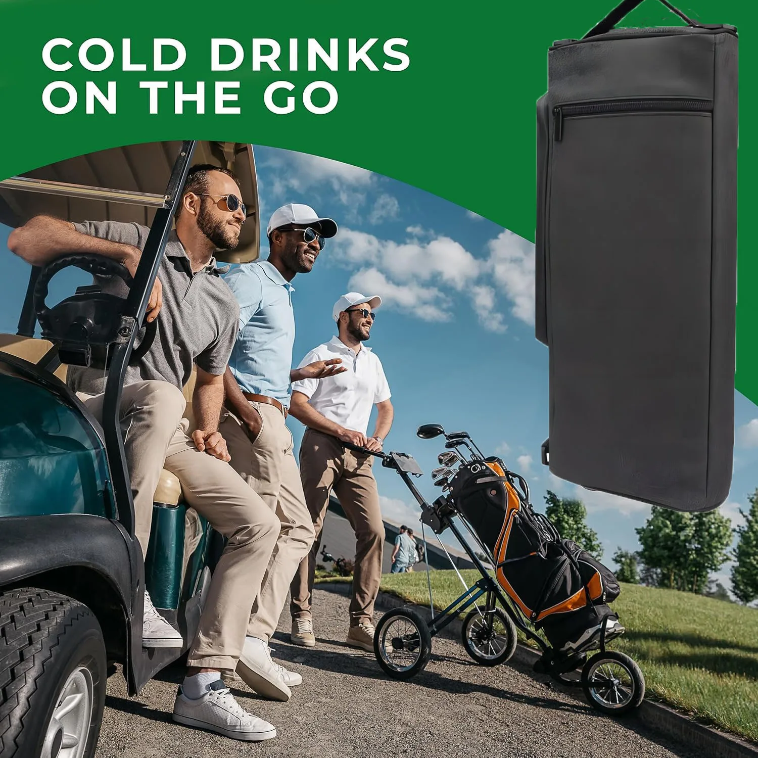 Golf cooler bag keeps beverages cold for hours, holds 6 beer cans or 2 wine bottles