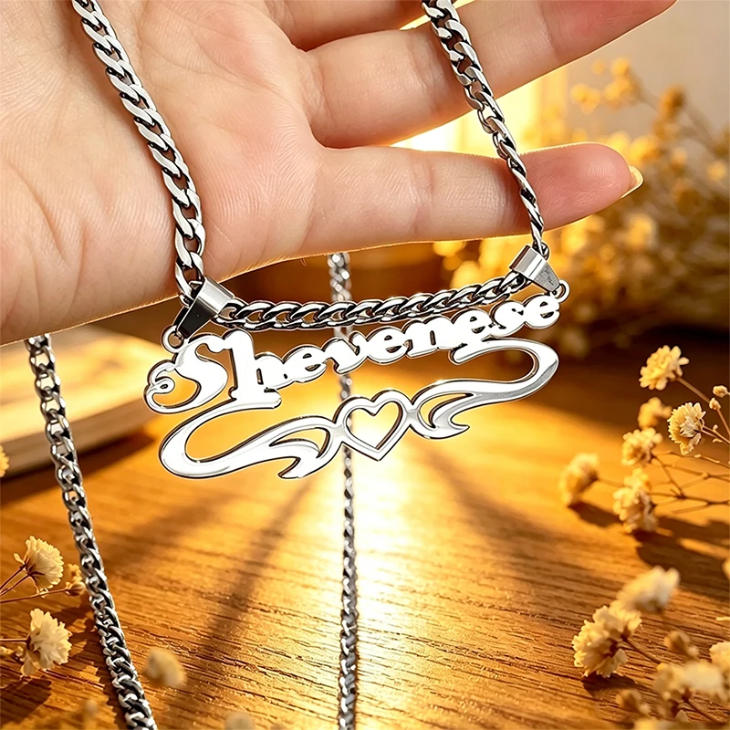 Collier personnalisé en acier inoxydable avec pendentif en forme de cœur et nom gravé, pour femme et homme, style Cuban Link, bijoux personnalisés