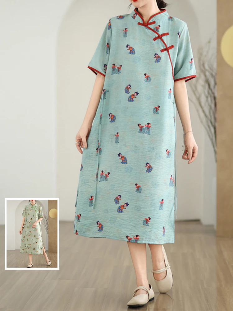 

Retro Silk And Hemp ort Sve Long Dr Large Size Women's Side Slit National Sle Dr Button Detail Midi Dr